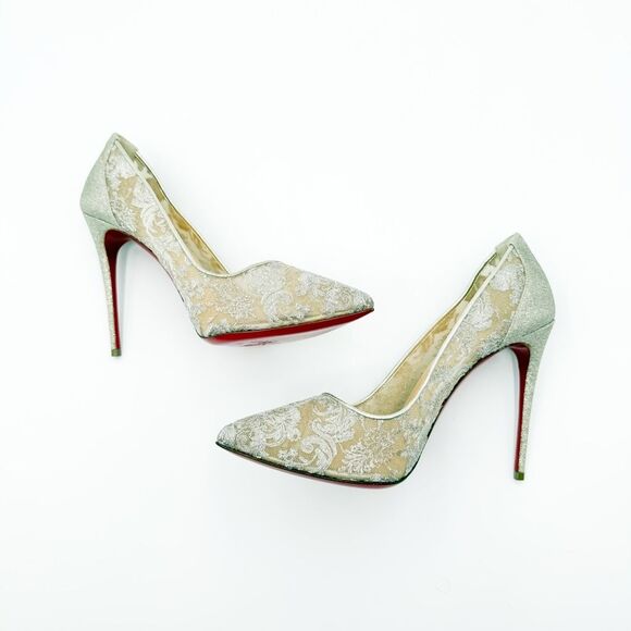 Christian Louboutin Pigalle Follies Lace Silver Glitter Pumps Heels EU 39.5 US 9 - Picture 8 of 12